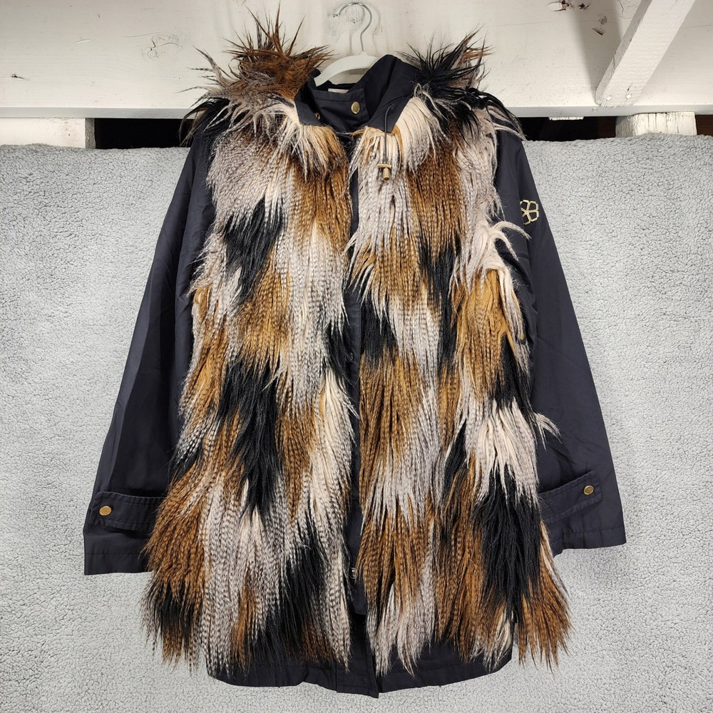 Trina Turk Monster Style Jacket Black Utility Coat Removable Faux Fur Vest Med